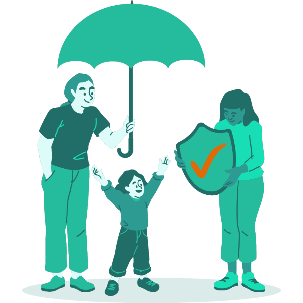 Illustration Notfallplan Berlin – Familie mit Kind und Schutzschild als Symbol für Vorsorgevollmachten